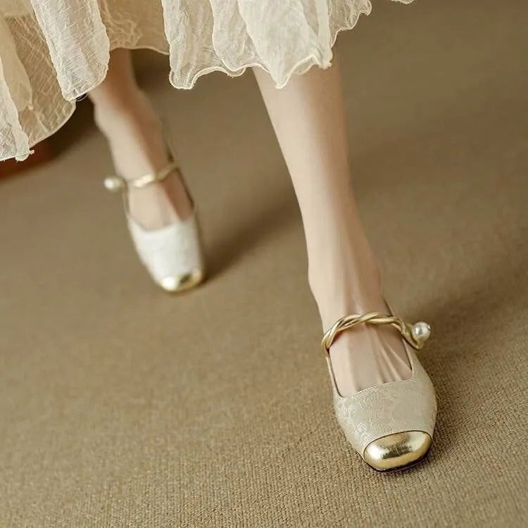 Women's retro French low-cut shoes with sequins, Velcro fastening, and low platform heel in beige, black, and green