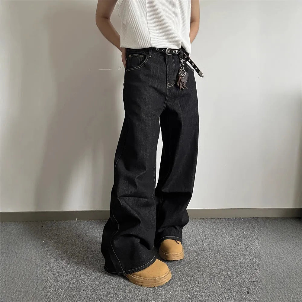 Black retro straight-leg wide-leg jeans with zip fly on mid-waist