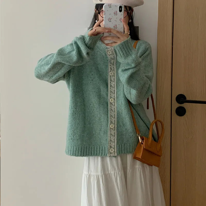 Korean artistic retro style sweater coat in loose fit cardigan design, shown in apricot colour