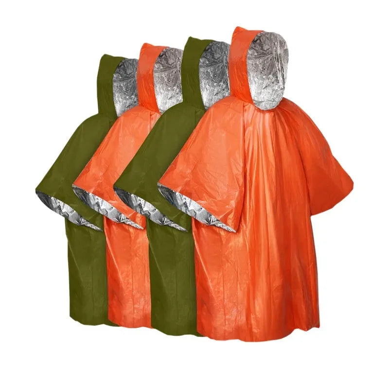 Marathon Wild orange and army green waterproof poncho raincoat laid flat showing 100x130cm size.