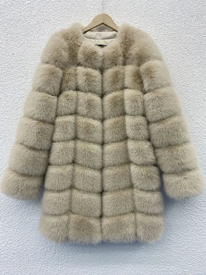 Women's long artificial fur coat in black colour showing regular sleeves and full-length design