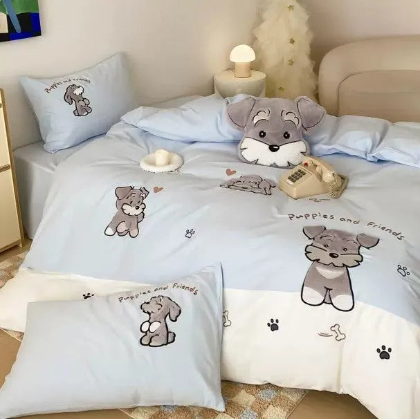 Schnauzer cartoon patterned bedding set with quilt cover, sheet, and pillowcases on bed