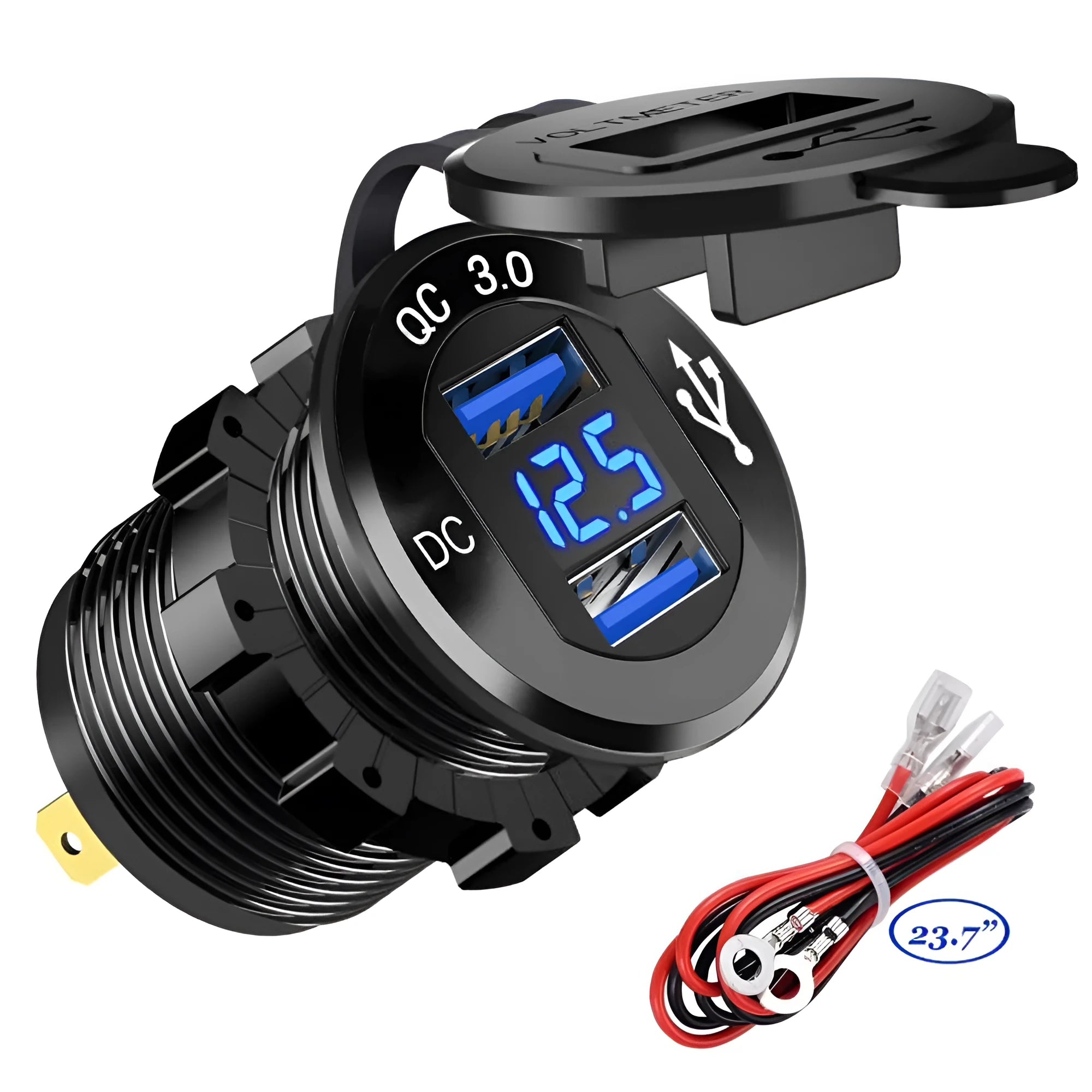 Black aluminium alloy QC3.0 fast charge USB car charger for cars and motorcycles