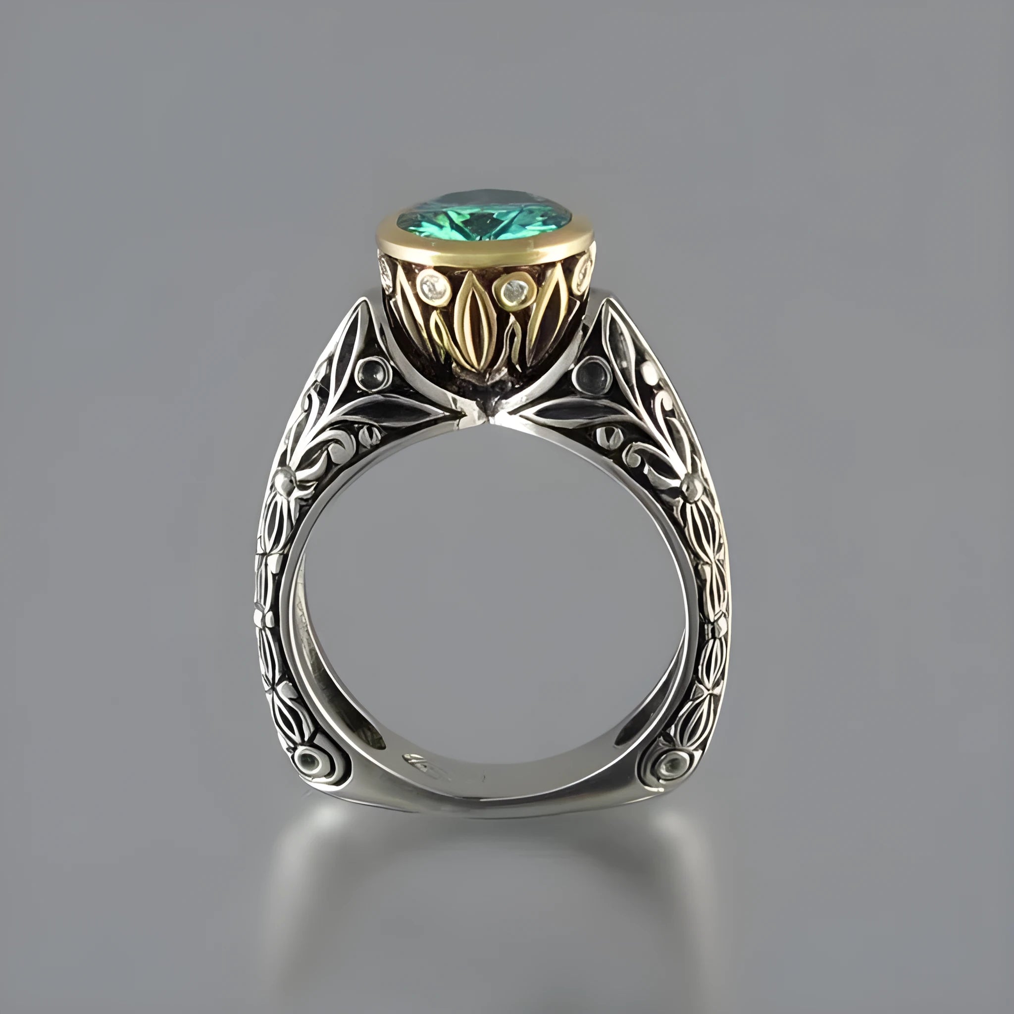 Flower-shaped gold-plated vintage gemstone ring with green silver colour separation design