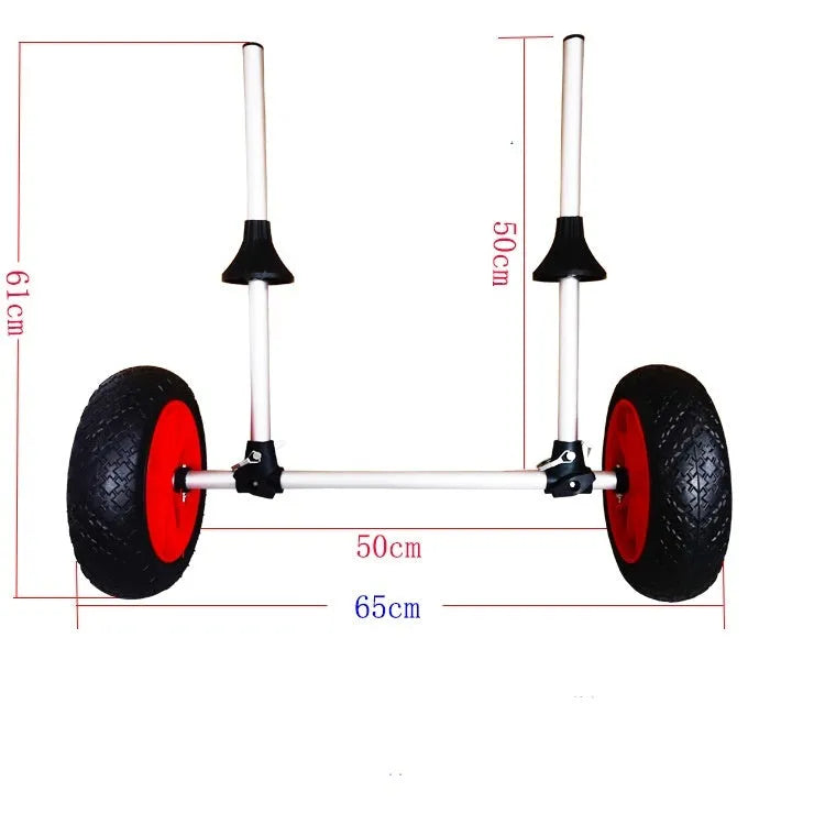 Foldable aluminium kayak beach trailer with rubber wheels and upright pole platform