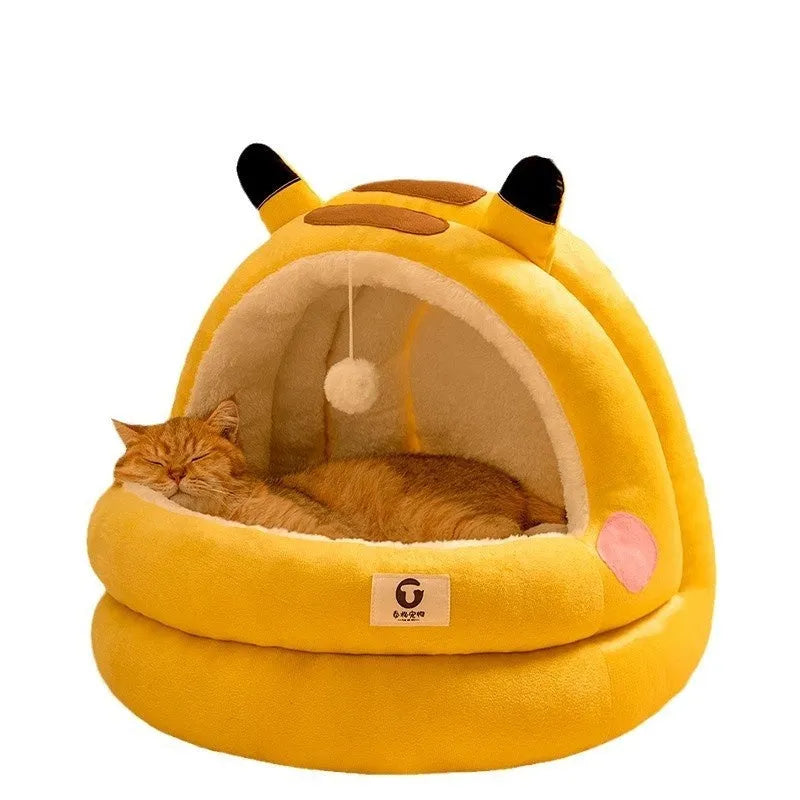 Cat nest four seasons winter warm closed bed with three-layer fleece lining in lightning mouse style for small and large cats