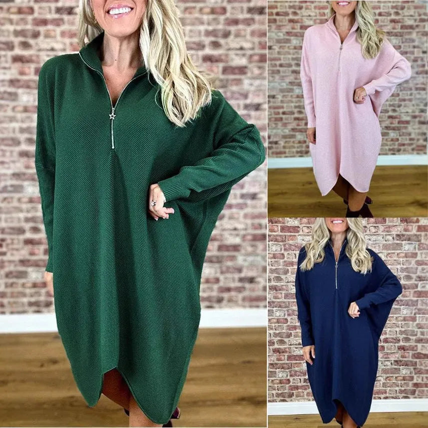 Women's solid colour knitted loose dress with raglan sleeves and zipper detail