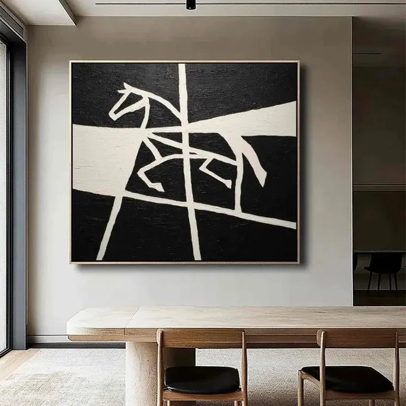 Handmade oil painting of a running black and white horse on canvas, frameless and unstretched
