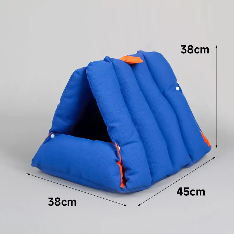 Blue triangular cat bed with removable cotton cover and connecting drill holes