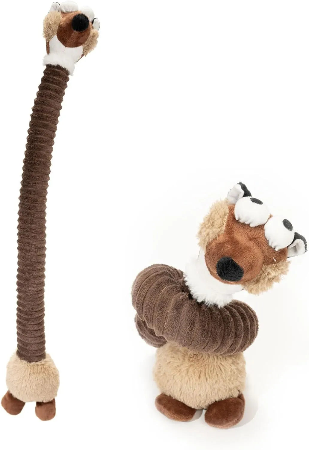 Plush squeaky dog toy with crinkle material in brown, grey, and yellow colour options