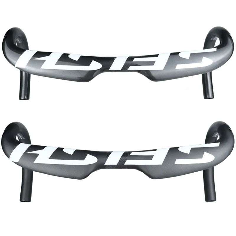 Carbon fibre road bike bent handlebar showing 31.8mm clamp area and drop profile