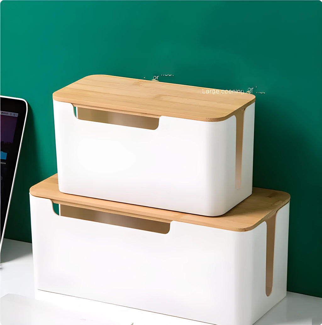 Medium plastic wire cable storage box in Bamboo set colour for power strip organisation