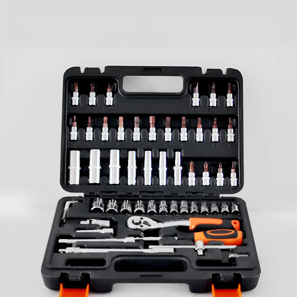 53-piece auto maintenance tool set in compact plastic case showing sockets and drivers