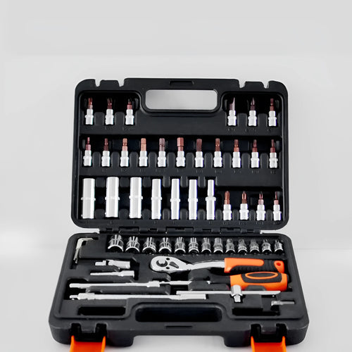 53-piece auto maintenance tool set in compact plastic case showing sockets and drivers