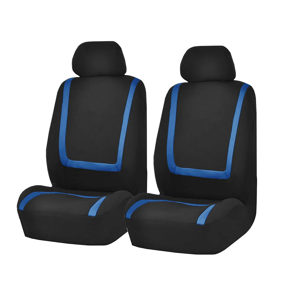 Universal four seasons car seat cover set in beige and black fabric installed on car seats.