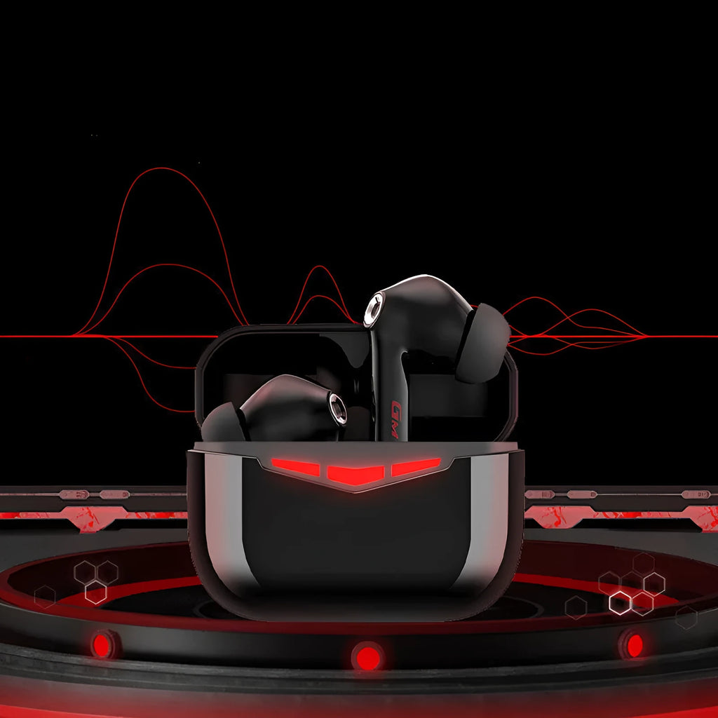 True wireless Bluetooth gaming in-ear headphones with charging case, shown in black, pink, white, and gray colours.