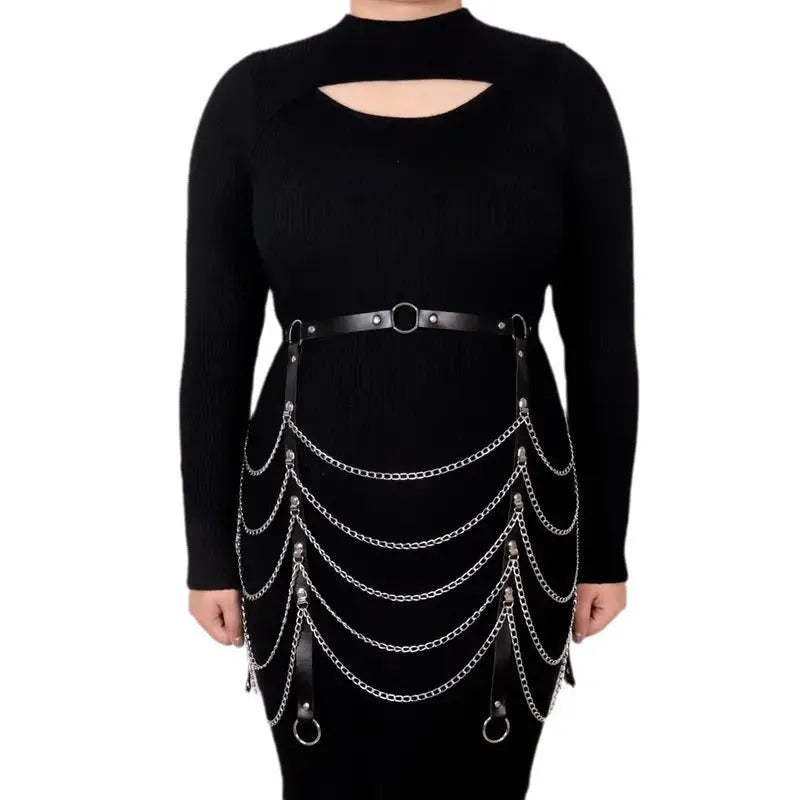 Black PU leather waist chain ornament with bandage binding chain design