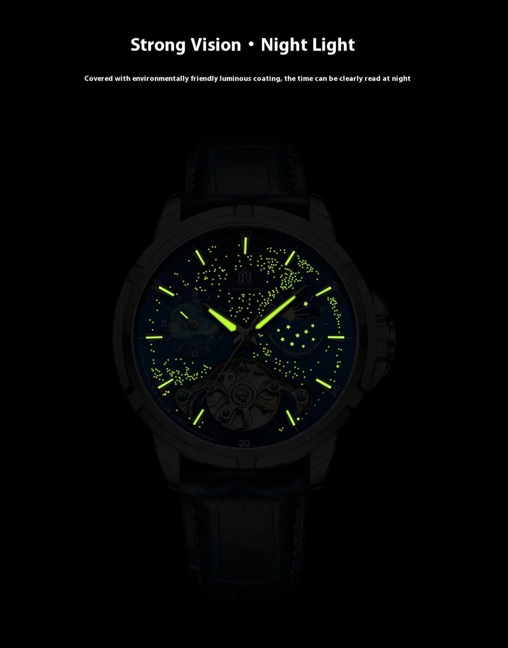 Men's blue automatic mechanical watch with exhibition back showing movement