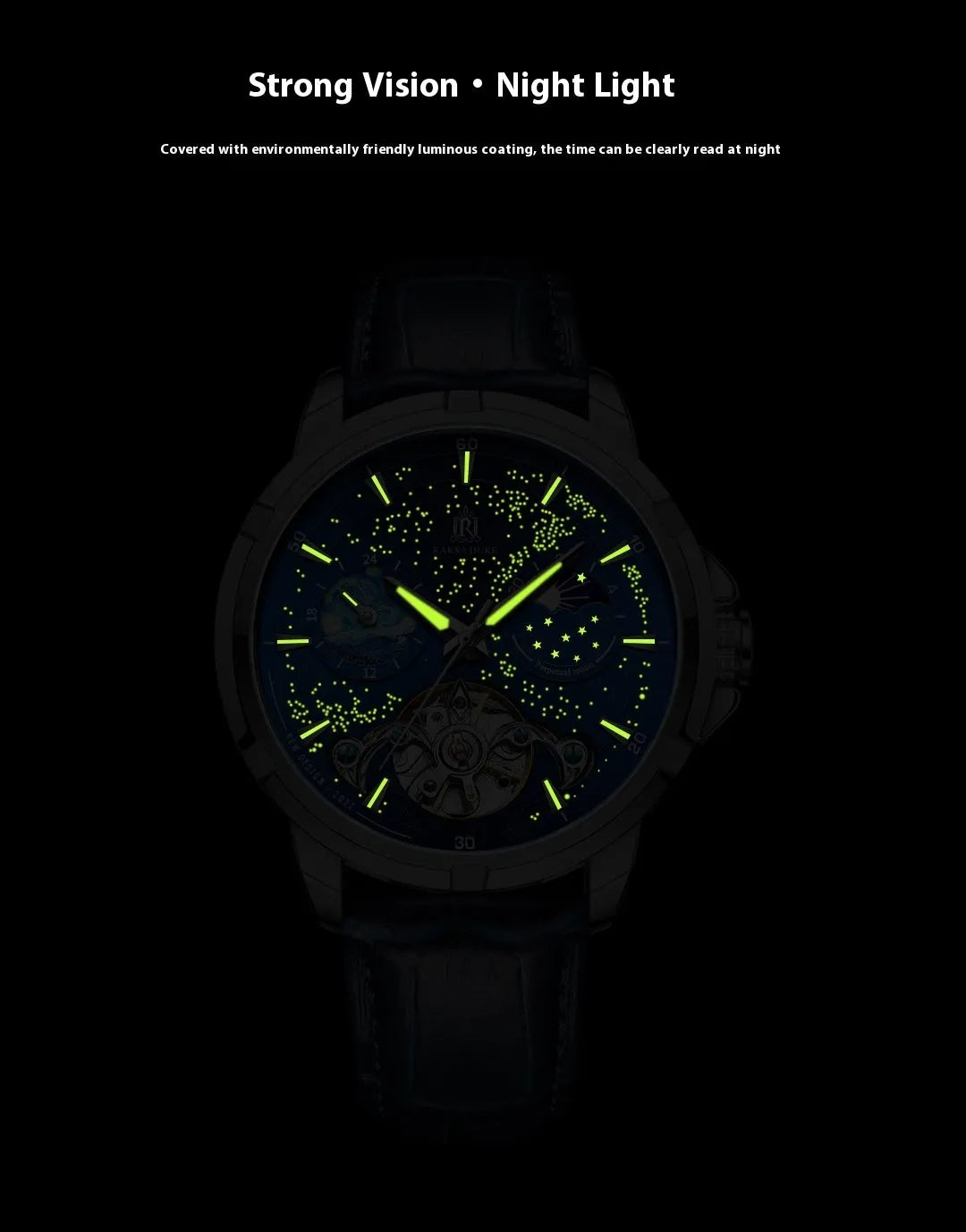 Men's blue automatic mechanical watch with exhibition back showing movement