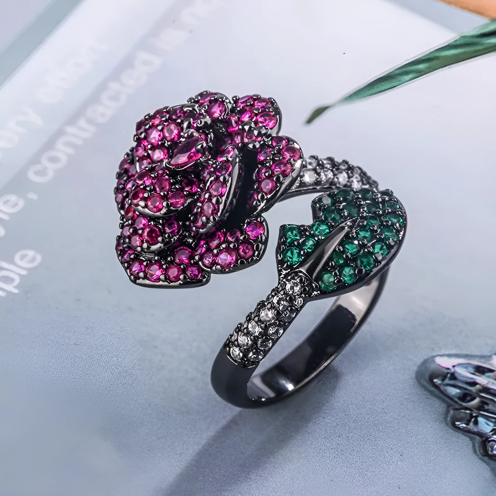 Gold-plated black gold ring with geometric shape and floral design featuring simulation red corundum elements
