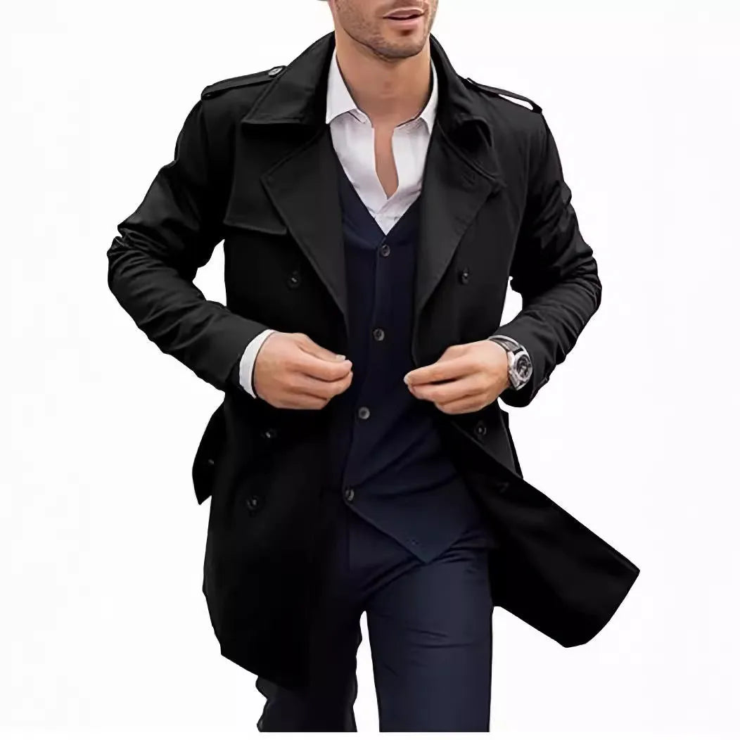 Men's double breasted mid-length polyester coat in black front view