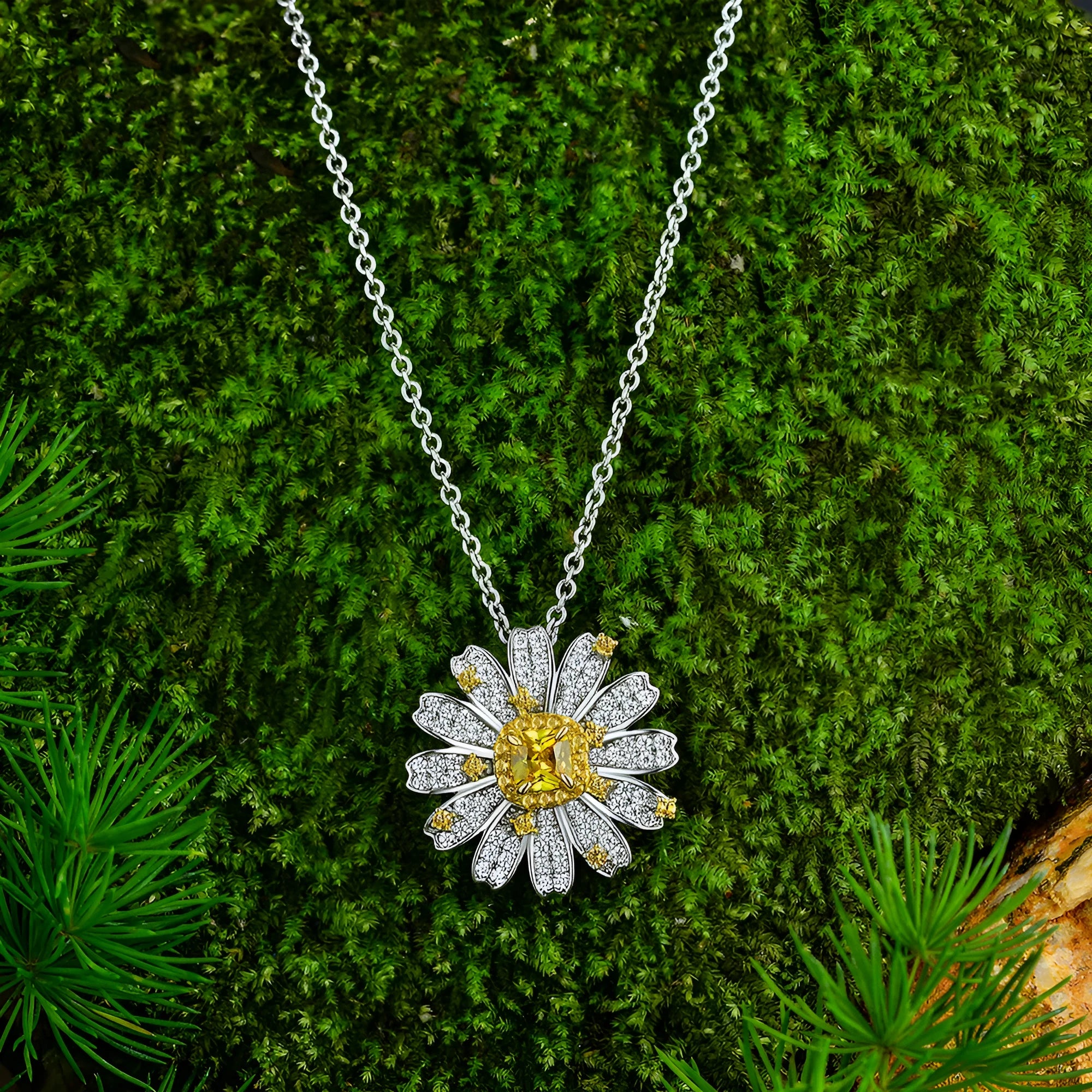 Women's fully-jewelled flower pendant necklace in yellow on silver chain