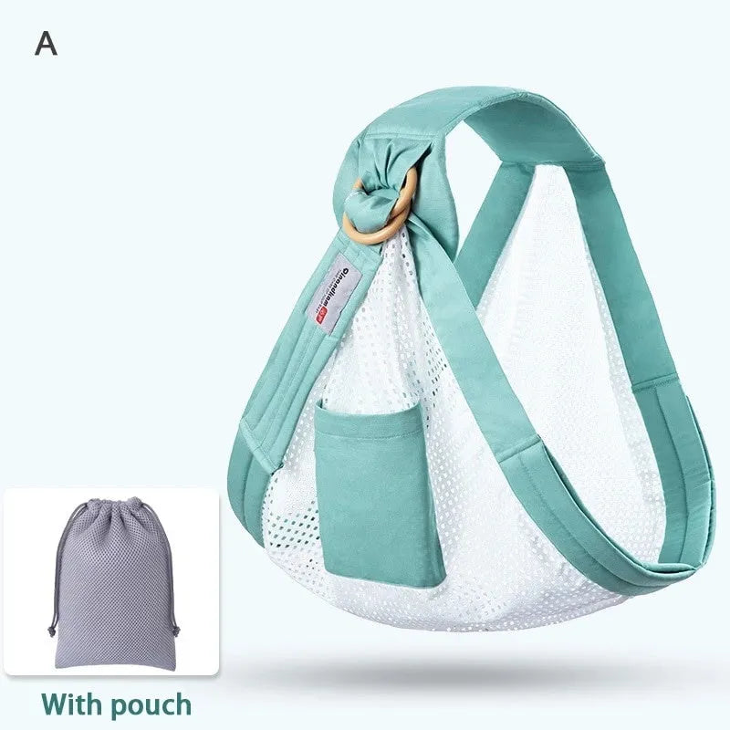 Adjustable baby wrap carrier sling in blue-green cotton and mesh with back support for 0-36 months up to 50kg