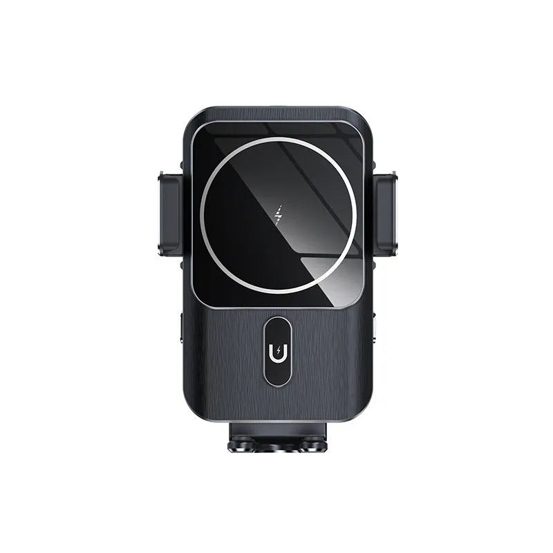 Black car wireless phone charger holder with 15W charging pad shown with clip and suction cup bracket options.