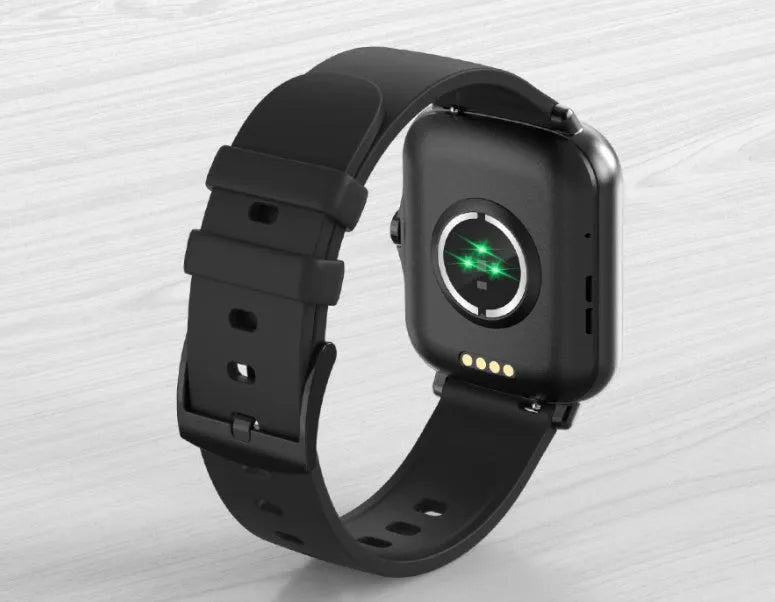 Black smart watch with 1.7-inch colour touch screen on adjustable strap, showing fitness tracking interface.