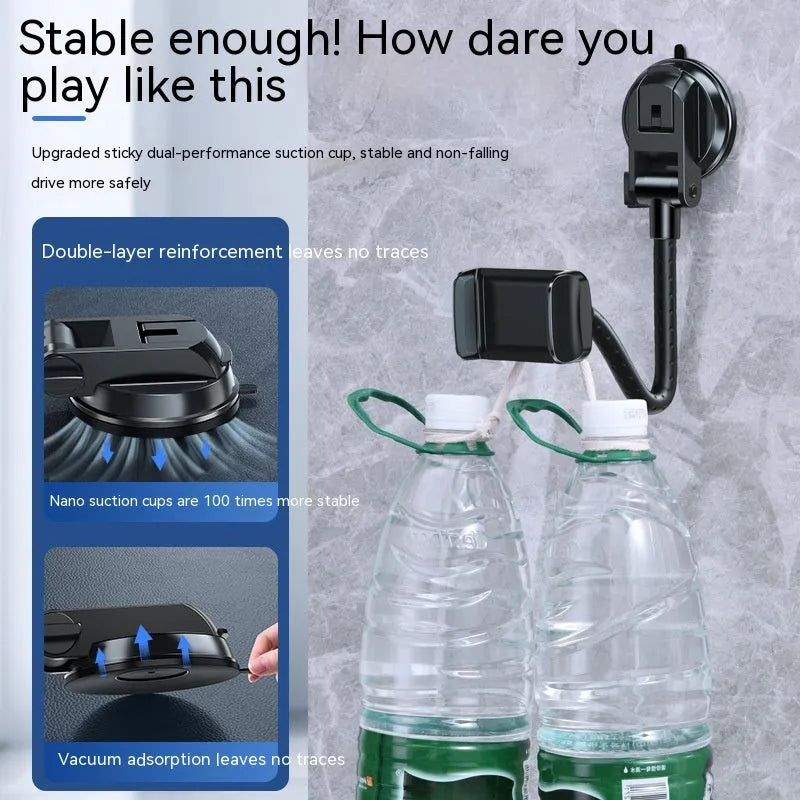 Black universal rotating car mobile phone bracket with metal construction and double supercharged clamp