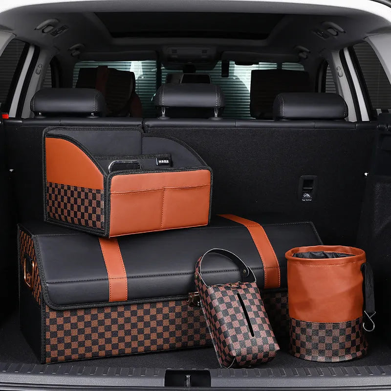 Retractable leather interior car trash can with handle shown in vehicle