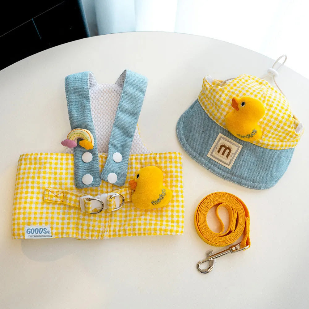 Colourful adjustable dog harness and wire rope leash set with a cute hat for spring summer pet outings.