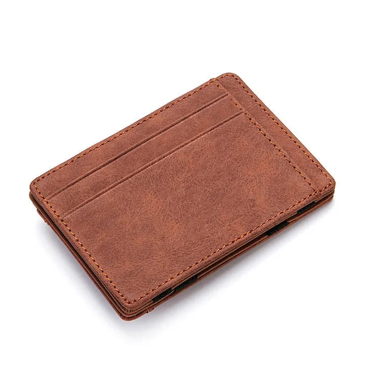 PU creative magic wallet showing flip card holder and zipper coin purse in solid colour with sewing line detailing