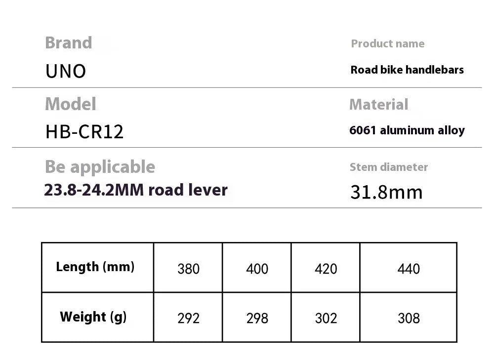 Black UNO aluminium alloy road bike racing handlebar with a bent shape and printed markings.