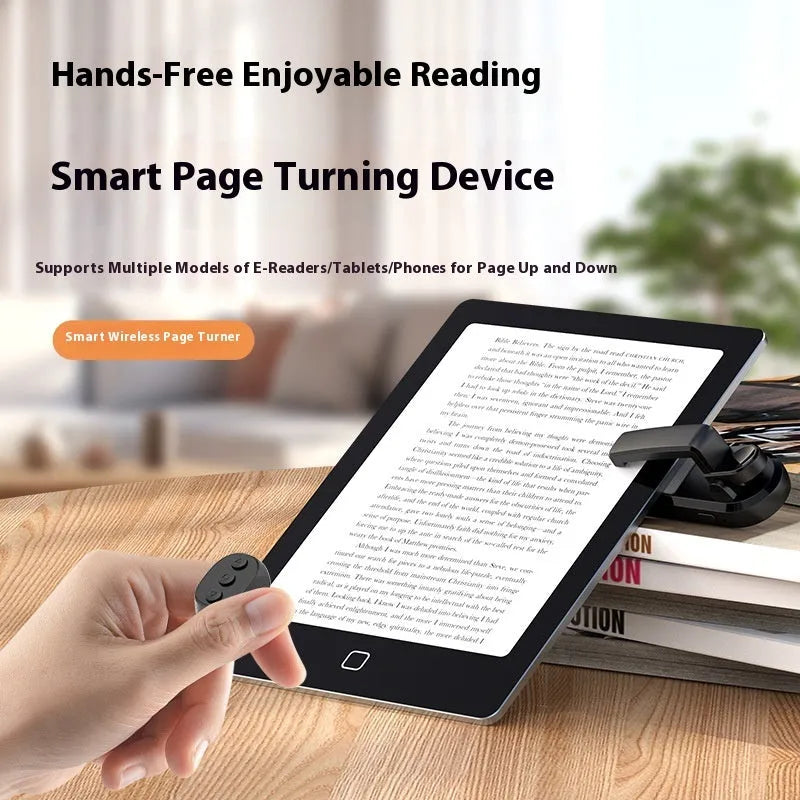 Wireless page turner remote control with clicker attachments in black, white, and pink colours