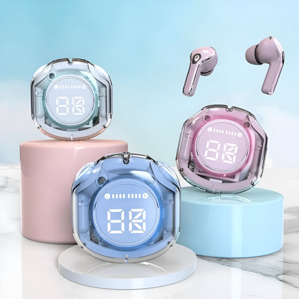 Transparent warehouse wireless Bluetooth headset in white colour with in-ear design and breathing light function