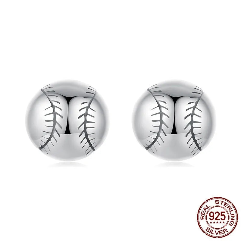 S925 sterling silver baseball stud earrings with polished finish on a plain background