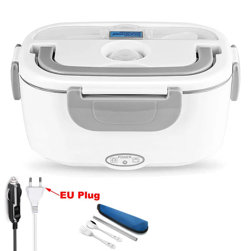 Grey dual-power electric heating lunch box with car and home connectors showing stainless steel inner tank