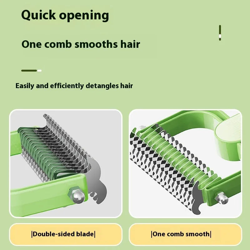 Green and grey dog grooming comb for untying knots, showing small and large size options.
