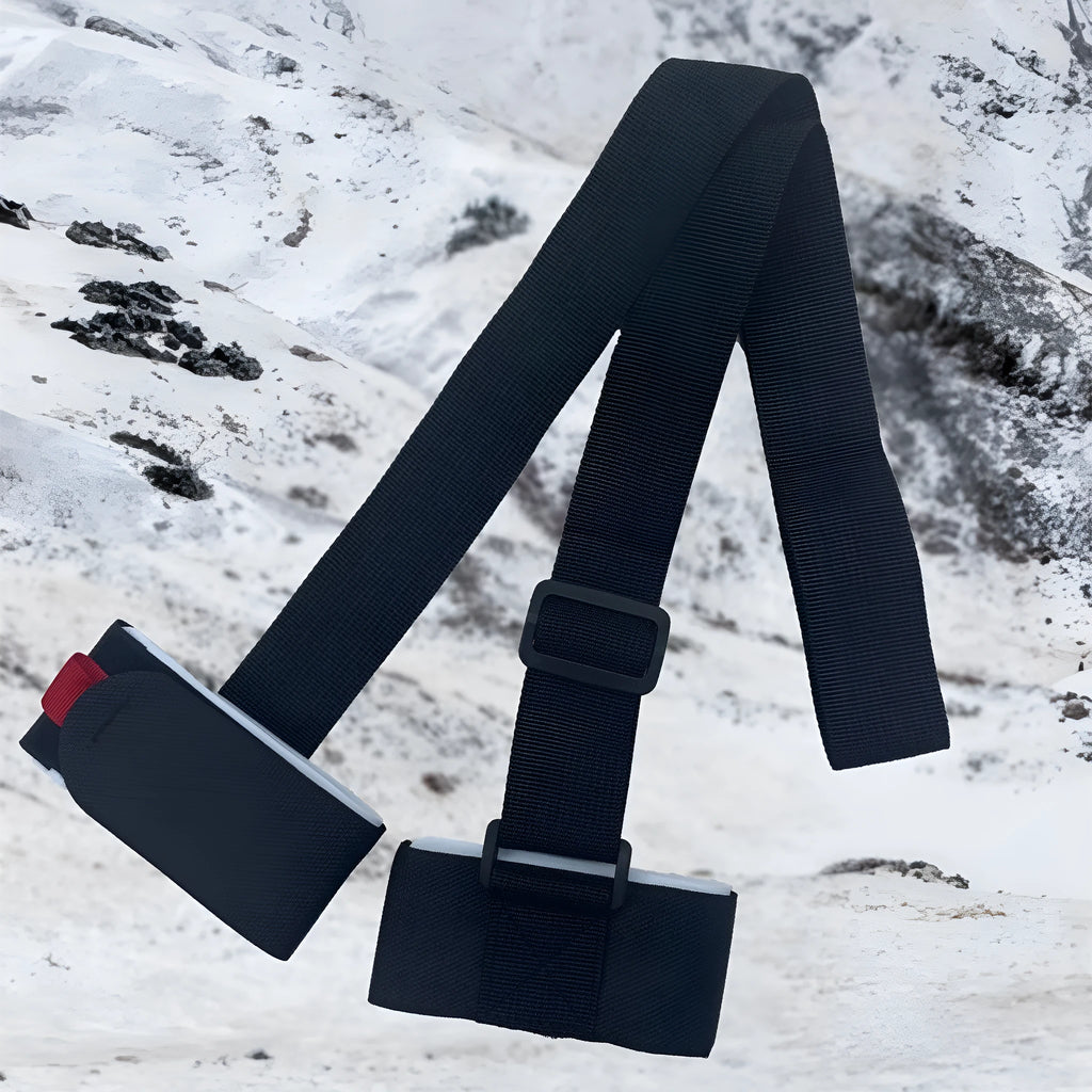 Black skiing bandage with adjustable shoulder strap and hook and loop fastening for equipment transport