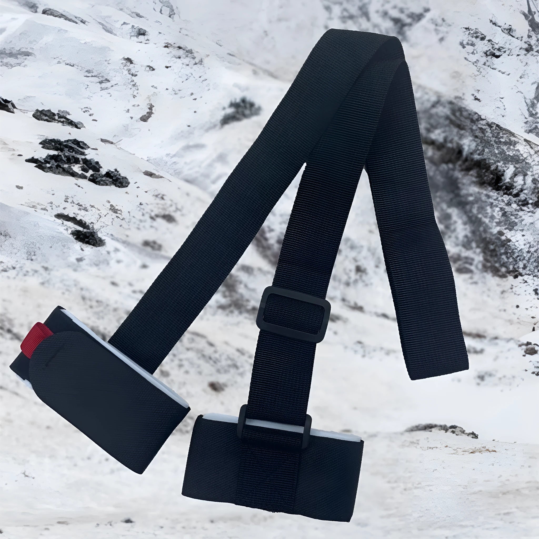 Black skiing bandage with adjustable shoulder strap and hook and loop fastening for equipment transport