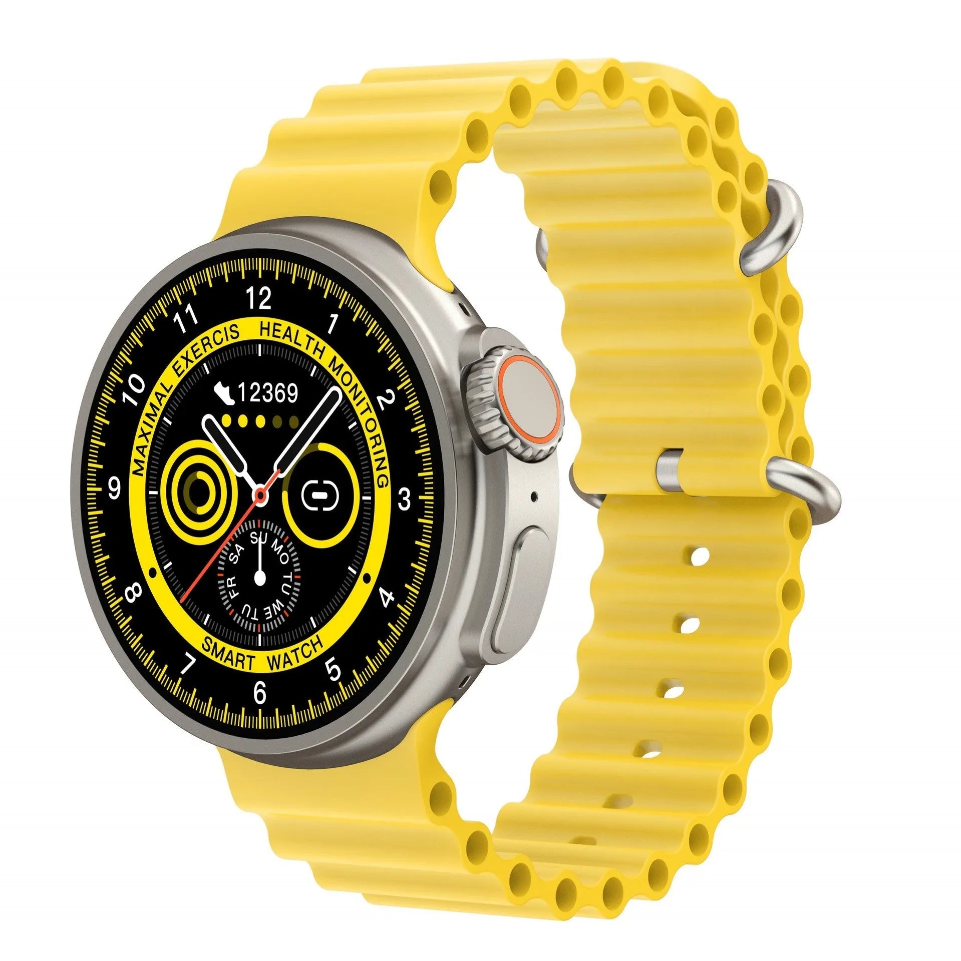 K9 smart watch with round screen on silicone strap, showing NFC and health tracking interface