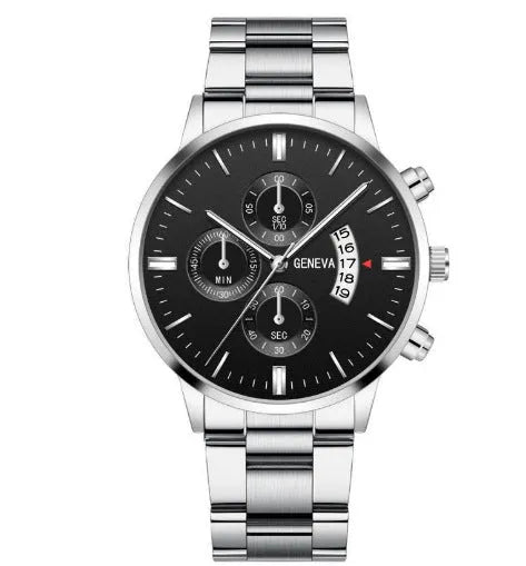 Men's calendar steel belt large dial quartz watch 40mm alloy case mineral glass silver black bracelet
