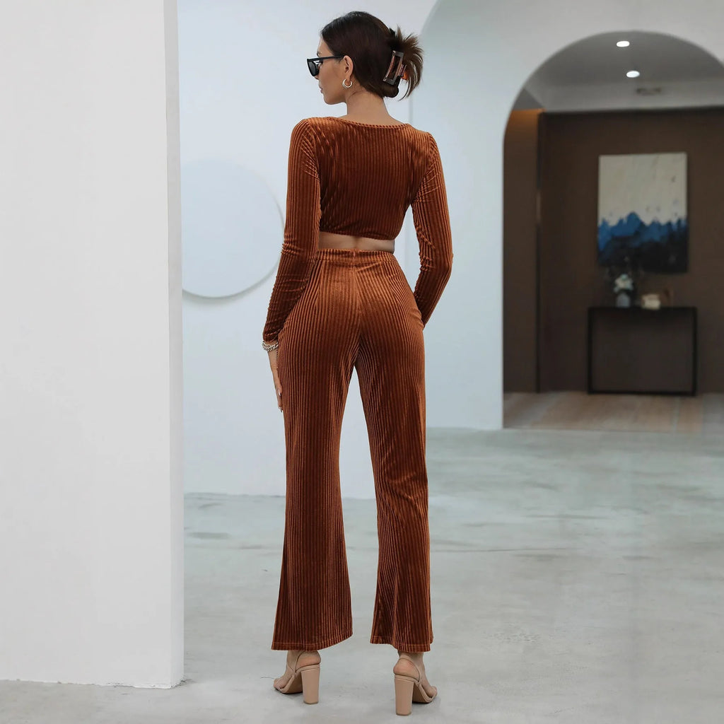 Caramel coloured long sleeve sweater and trouser casual set with Asian sizing options