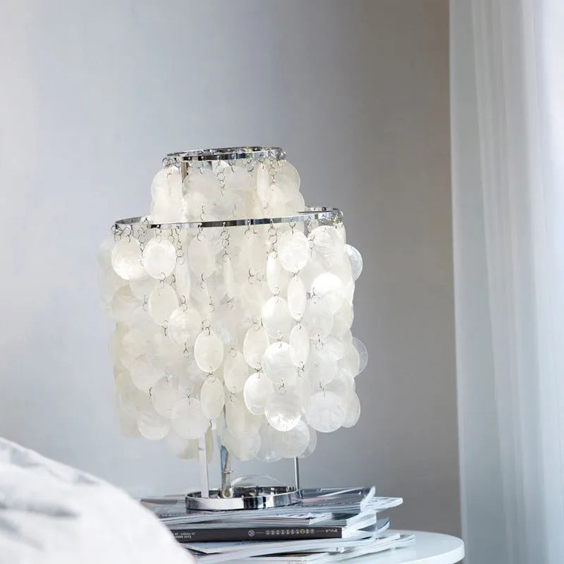Shell design bedside table lamp in chrome or gold finish, 30cm diameter