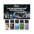 Car air freshener refill pack with five bottles showing sandalwood, ocean, vanilla, lavender, and citrus scents
