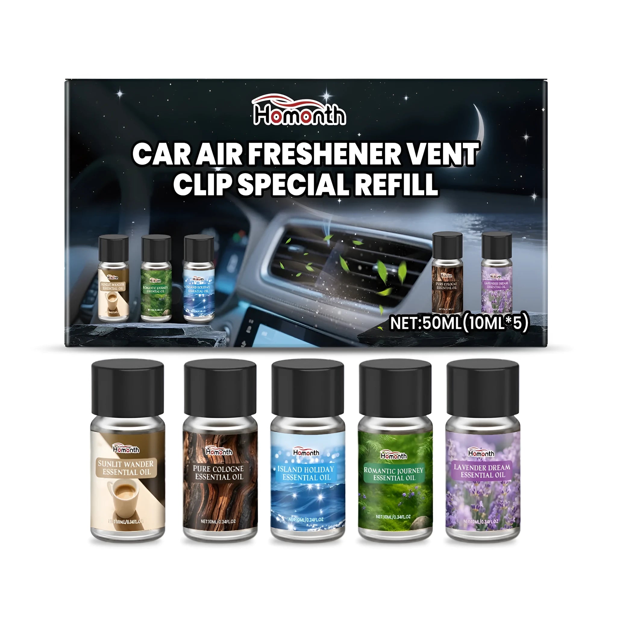 Car air freshener refill pack with five bottles showing sandalwood, ocean, vanilla, lavender, and citrus scents