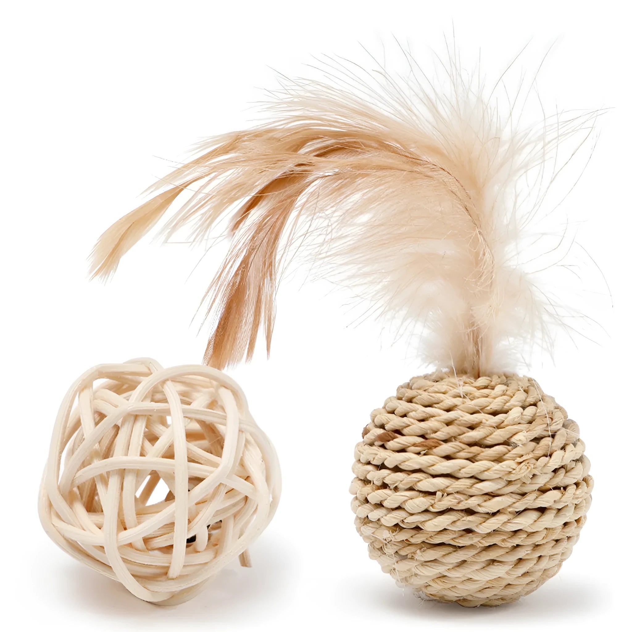 Two cat toys: a hollow rattan ball and a faux feather ball with a bell on a white background.