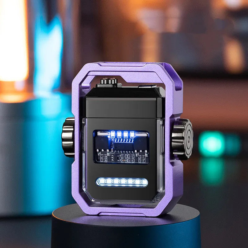 Blue Pulse X12 electric lighter with windproof double arc and a visible mechanical gyroscope, folded for storage.