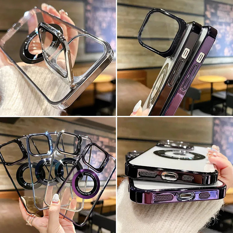 Magnetic mobile phone case for iPhone with MagSafe ring, shown in dark purple colour.
